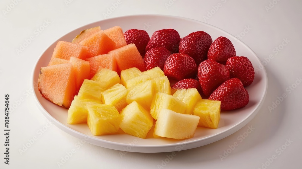 Fresh Fruit Plate with Watermelon, Pineapple, and Strawberries Displayed on a White Plate, Perfect for Healthy Snacks and Summer Refreshments Fresh Fruit Plate with Watermelon, Pineapple, and Strawberries Displayed on a White Plate, Perfect for Healthy Snacks and Summer Refreshments