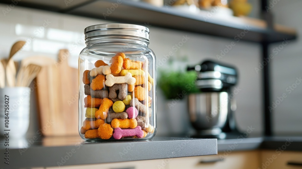 A glass jar filled with colorful dog treats on a kitchen countertop, showcasing a vibrant display of pet snacks and kitchen decor. A glass jar filled with colorful dog treats on a kitchen countertop, showcasing a vibrant display of pet snacks and kitchen decor.