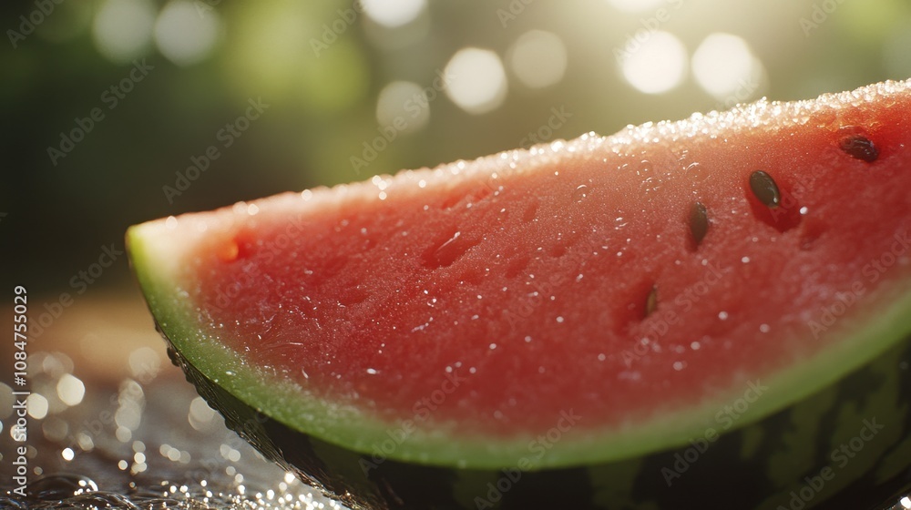 Fresh Juicy Watermelon Slice Glimmering in Sunlight with Water Droplets on Surface, Perfect for Summer Refreshment and Healthy Eating Concepts Fresh Juicy Watermelon Slice Glimmering in Sunlight with Water Droplets on Surface, Perfect for Summer Refreshment and Healthy Eating Concepts