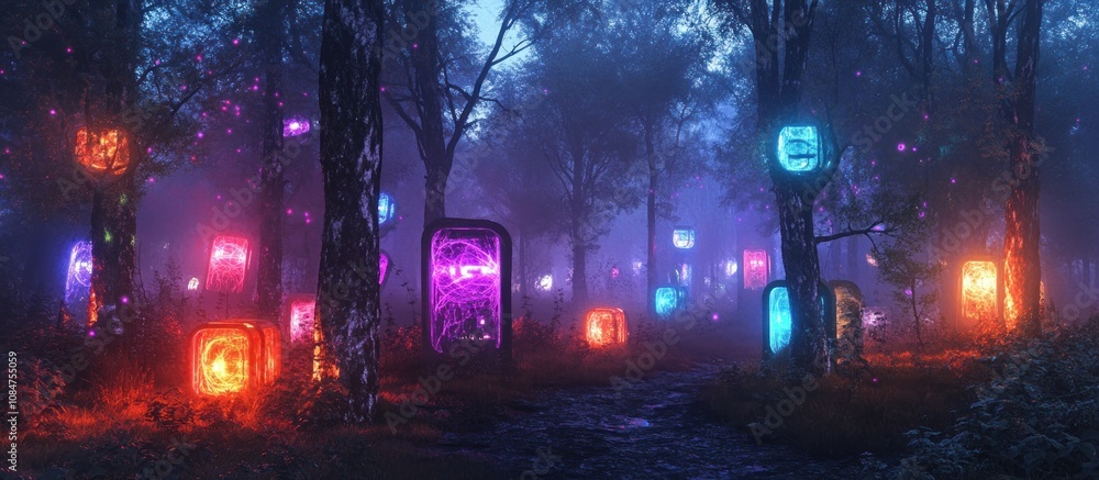 Obraz premium Ethereal glowing portals and lights illuminate a mystical forest path at night.