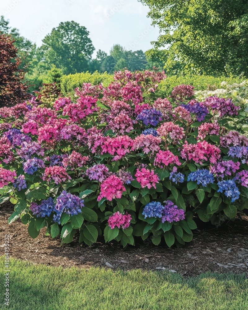 Lush hydrangea shrubs with vibrant pink, purple, and blue flower heads are growing in a garden Lush hydrangea shrubs with vibrant pink, purple, and blue flower heads are growing in a garden