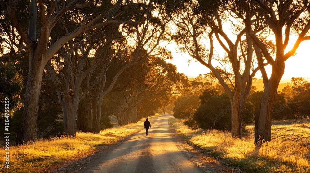 Serene Sunset Stroll: A Solitary Walker Enjoys a Peaceful Path Surrounded by Majestic Trees and Golden Light in a Tranquil Natural Landscape Serene Sunset Stroll: A Solitary Walker Enjoys a Peaceful Path Surrounded by Majestic Trees and Golden Light in a Tranquil Natural Landscape