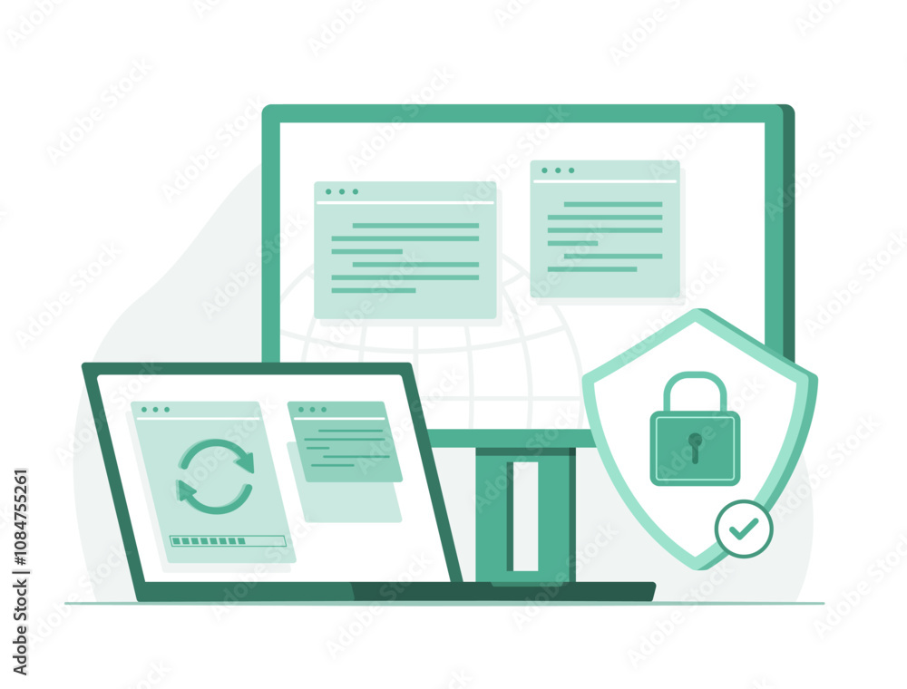 Laptop Computer and Desktop PC Computer Updating Security Data for Cyber Security Concept Illustration Laptop Computer and Desktop PC Computer Updating Security Data for Cyber Security Concept Illustration