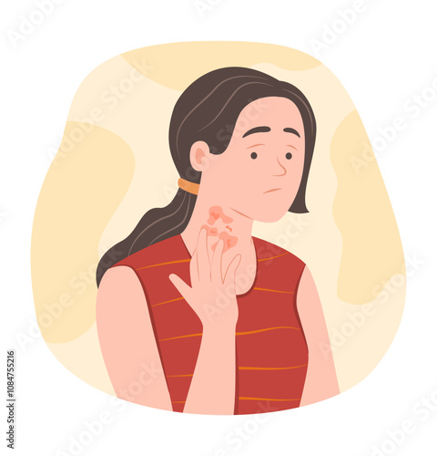 Worried Woman with Atopic Dermatitis or Eczema on Her Neck for Dermatology Concept Illustration