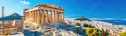 A panoramic view of the ancient Acropolis in Athens, showcasing historic architecture under a clear blue sky. photo