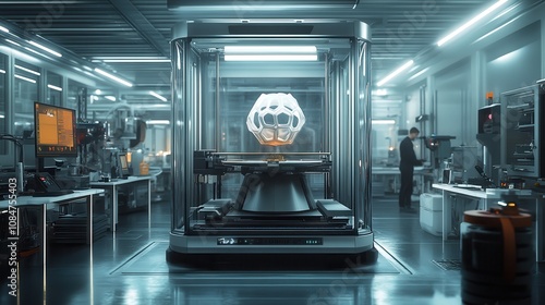 Futuristic 3D printer fabricating complex object layer by layer in a well-lit industrial lab. Generative AI photo