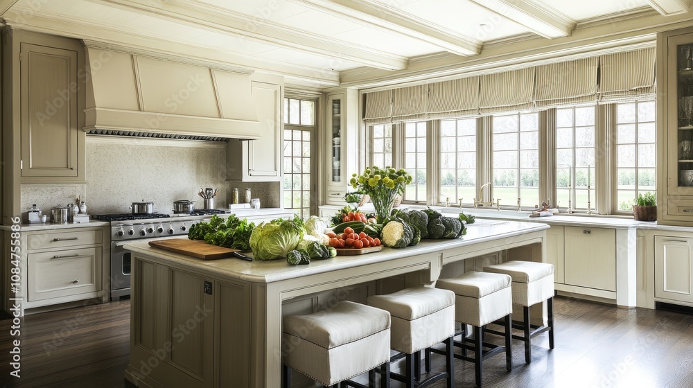 Modern Kitchen with Fresh Vegetables on Island Countertop, Inviting Design Featuring Natural Light Streaming Through Large Windows Modern Kitchen with Fresh Vegetables on Island Countertop, Inviting Design Featuring Natural Light Streaming Through Large Windows