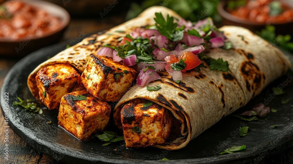 Grilled Paneer in Warm Flatbreads with Red Onion and Cilantro Salsa Grilled Paneer in Warm Flatbreads with Red Onion and Cilantro Salsa