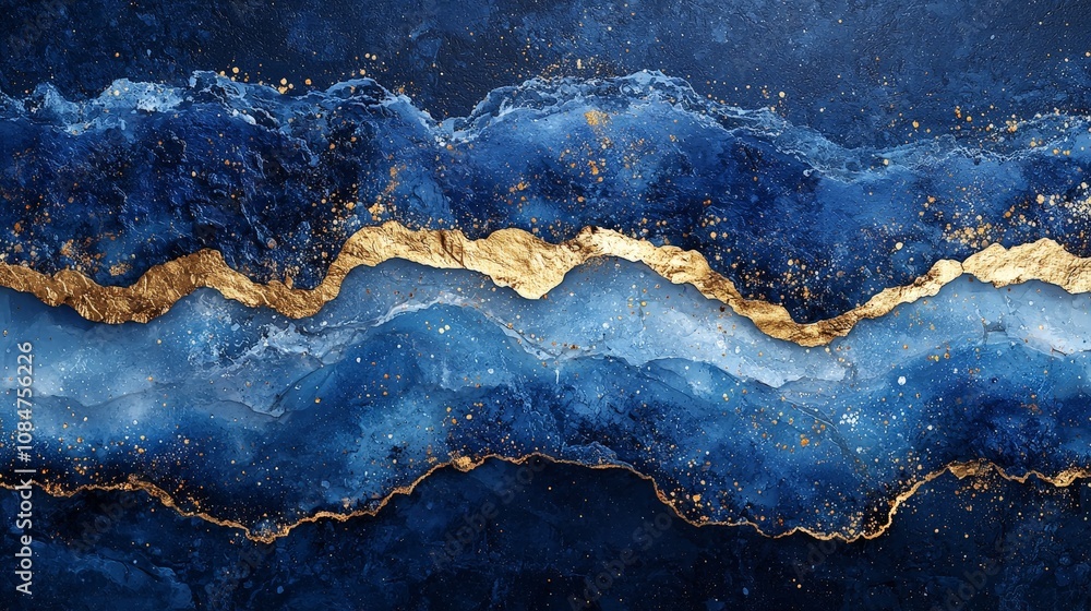 Abstract design featuring blue and gold waves, evoking elegance and depth. Abstract design featuring blue and gold waves, evoking elegance and depth.