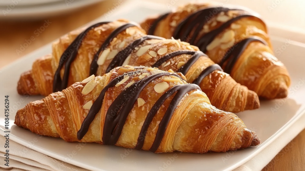 Delicious Golden Brown Croissants Topped with Dark Chocolate Drizzle and Sliced Almonds on a White Plate for Breakfast or Dessert Delight Delicious Golden Brown Croissants Topped with Dark Chocolate Drizzle and Sliced Almonds on a White Plate for Breakfast or Dessert Delight