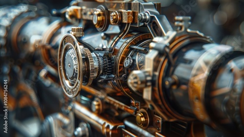 Closeup of intricate gears, dials, and metallic details of a steampunk-inspired device.