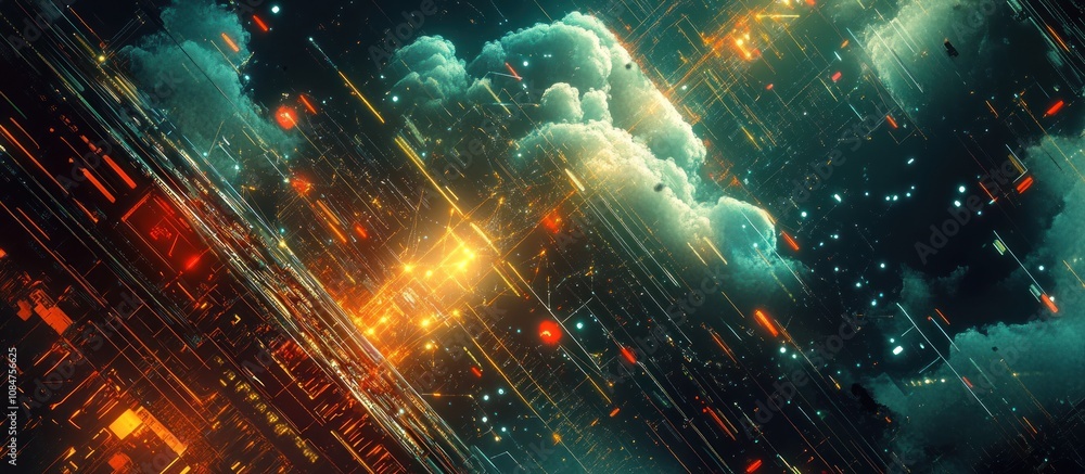 Fototapeta premium Abstract digital art depicting a futuristic cityscape with glowing lines and clouds.