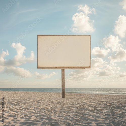 Blank billboard on sandy beach under blue sky, ready for custom content, serene coastal setting. photo