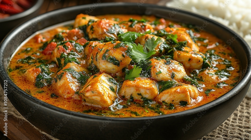 Spicy Chicken and Spinach Curry in a Dark Bowl