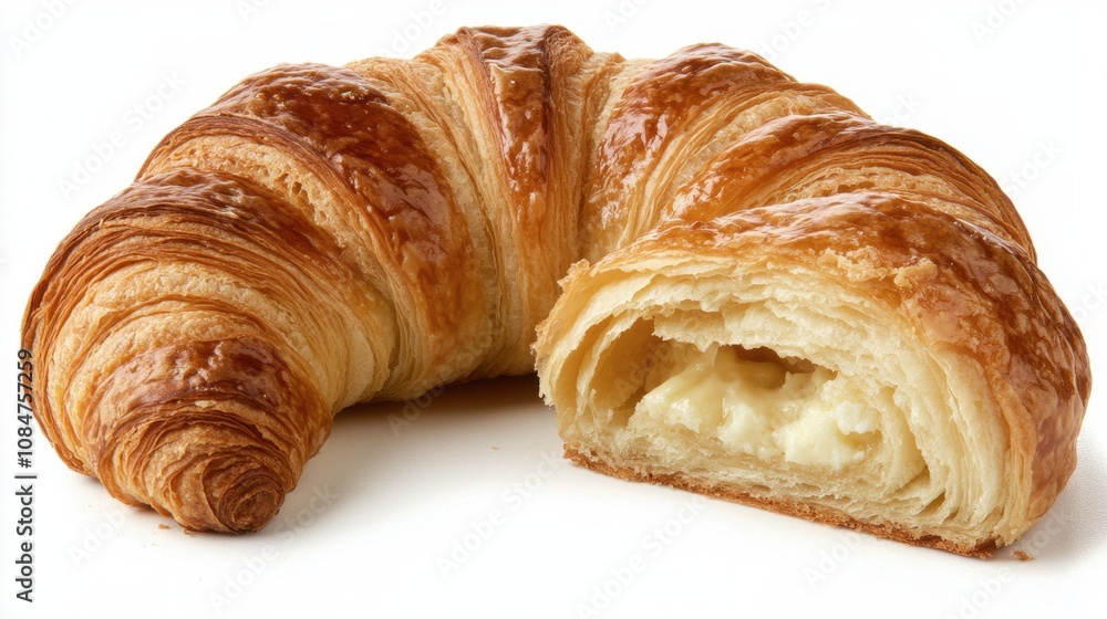Flaky Croissant with Creamy Filling on White Background, Perfect for Breakfast, Brunch, Bakery Menus, or Culinary Delights in Food Photography Flaky Croissant with Creamy Filling on White Background, Perfect for Breakfast, Brunch, Bakery Menus, or Culinary Delights in Food Photography