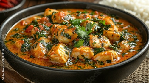 Spicy Chicken and Spinach Curry in a Dark Bowl