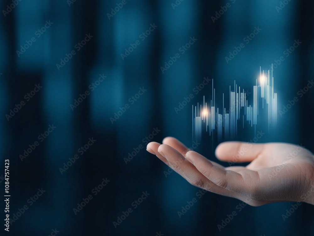 Hand holding holographic financial data chart, representing technology, investment, and digital business analysis on a futuristic background. Hand holding holographic financial data chart, representing technology, investment, and digital business analysis on a futuristic background.