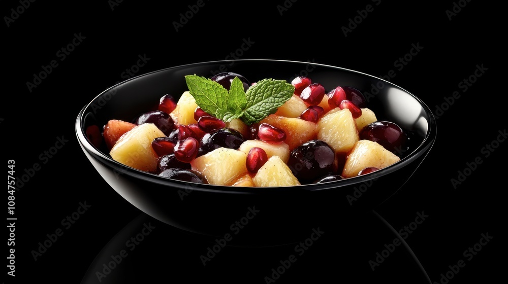 Fresh Colorful Fruit Salad in Black Bowl with Mint Leaves Garnished on the Side, Showcasing Pineapple, Pomegranate Seeds, and Juicy Blueberries Against a Dark Background Fresh Colorful Fruit Salad in Black Bowl with Mint Leaves Garnished on the Side, Showcasing Pineapple, Pomegranate Seeds, and Juicy Blueberries Against a Dark Background