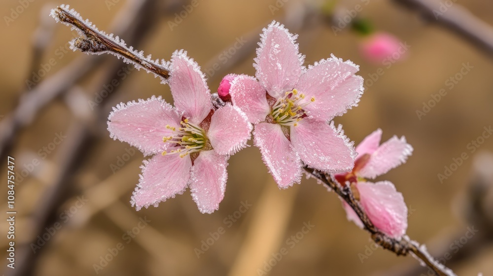 Delicate Pink Blossoms with Frosty Coating Glimmering in Soft Light Against a Natural Background of Wintery Bokeh and Muted Tones Delicate Pink Blossoms with Frosty Coating Glimmering in Soft Light Against a Natural Background of Wintery Bokeh and Muted Tones