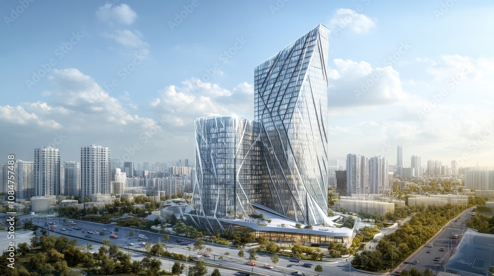 Fototapeta premium Modern architectural design with dynamic glass towers in an urban landscape showcasing innovative construction and urban development against a clear sky backdrop.