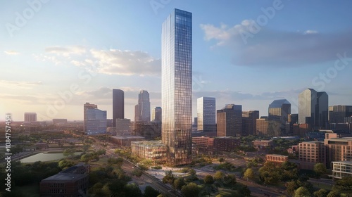 Wallpaper Mural Modern Skyscraper Surrounded by Urban Landscape with Clear Blue Skies and Golden Sunlight in a Bustling City Center Torontodigital.ca