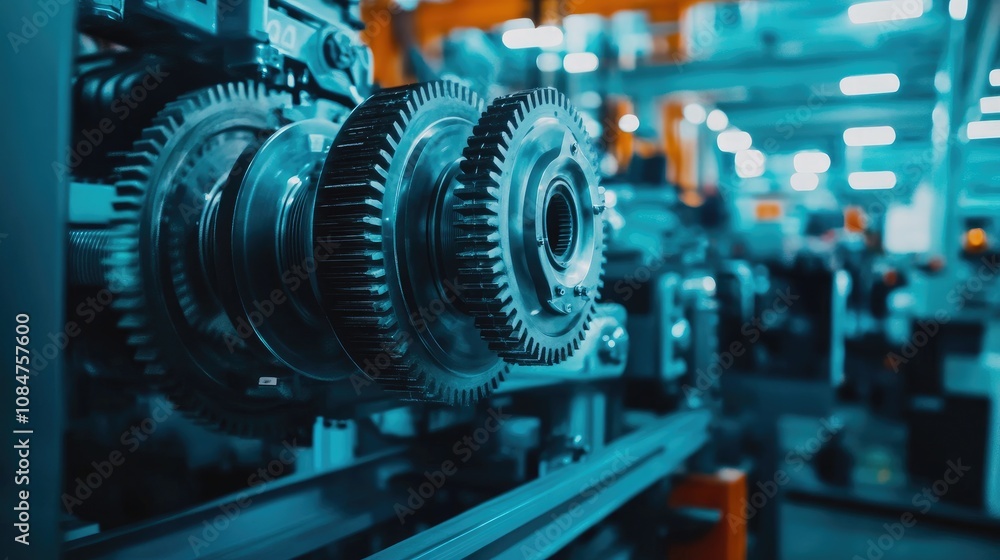 Close-Up View of Industrial Gears and Machinery in a Factory Setting with Blue Neon Lighting Enhancing the Modern Manufacturing Aesthetic Close-Up View of Industrial Gears and Machinery in a Factory Setting with Blue Neon Lighting Enhancing the Modern Manufacturing Aesthetic