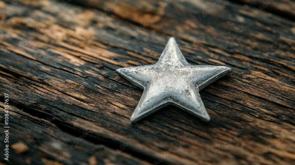 Shiny silver star resting on rustic wood surface, ideal for decorative purposes, copy space Shiny silver star resting on rustic wood surface, ideal for decorative purposes, copy space