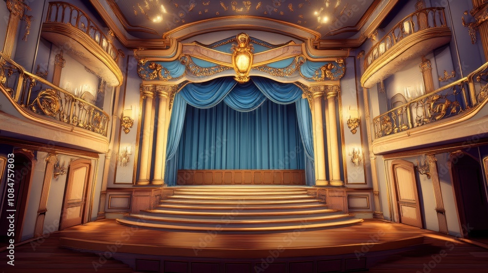 Fototapeta premium Elegant and Grand Theatrical Stage Interior with Decorative Elements and Rich Blue Drapes in a Luxurious Setting, Perfect for Arts and Entertainment Themes