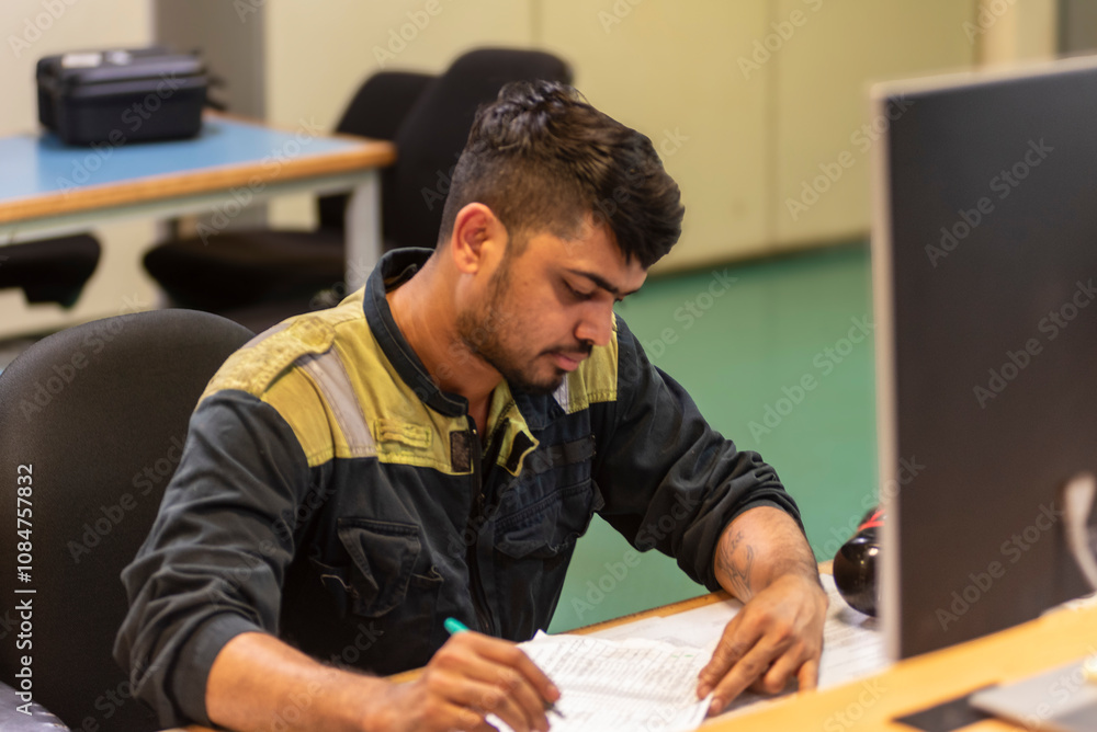 Obraz premium The marine engineer officer sits in the control room of a merchant vessel, focused on recording key operational parameters in the engine logbook, surrounded by monitors displaying system data.