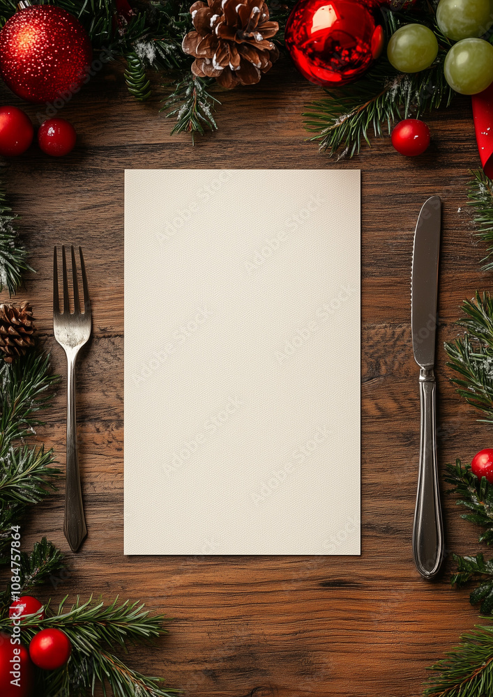 Obraz premium blank vertical menu card on table, very realistic, christmas, festive, colorgrading, bright, red, green, white, beige