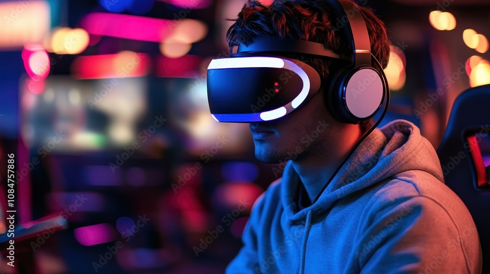 In a vibrant virtual gaming world, a man is engrossed in an action-packed virtual reality experience In a vibrant virtual gaming world, a man is engrossed in an action-packed virtual reality experience