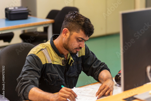 Fotografie The marine engineer officer sits in the control room of a merchant vessel, focused on recording key operational parameters in the engine logbook, surrounded by monitors displaying system data