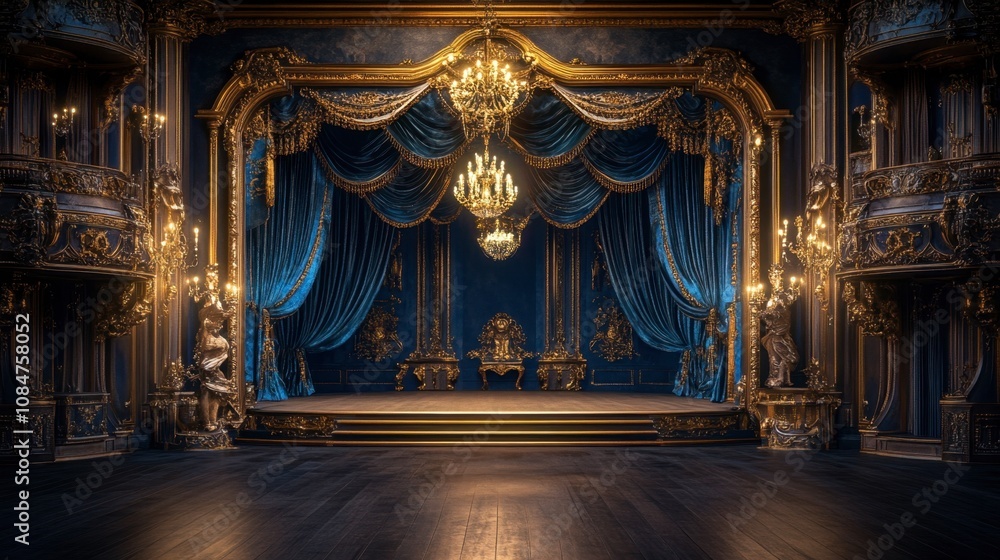 Luxurious theater interior featuring ornate decorations, rich blue velvet curtains, elegant chandeliers, and intricate gold detailing in a royal setting Luxurious theater interior featuring ornate decorations, rich blue velvet curtains, elegant chandeliers, and intricate gold detailing in a royal setting