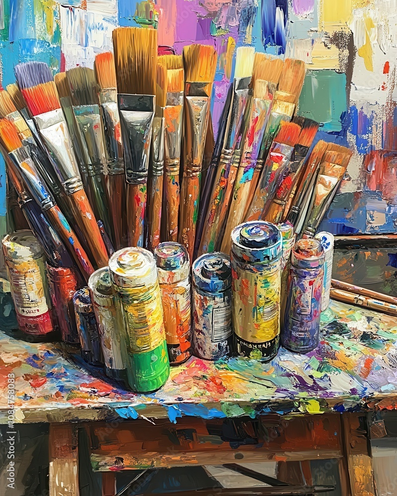 An intimate glimpse into an artist's studio brimming with vibrant paint tubes, brushes, and a canvas that reflects the essence of creativity. An intimate glimpse into an artist's studio brimming with vibrant paint tubes, brushes, and a canvas that reflects the essence of creativity.