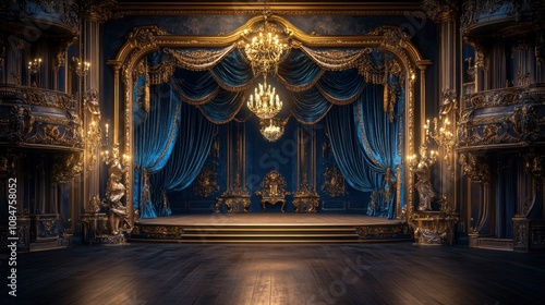 Luxurious theater interior featuring ornate decorations, rich blue velvet curtains, elegant chandeliers, and intricate gold detailing in a royal setting