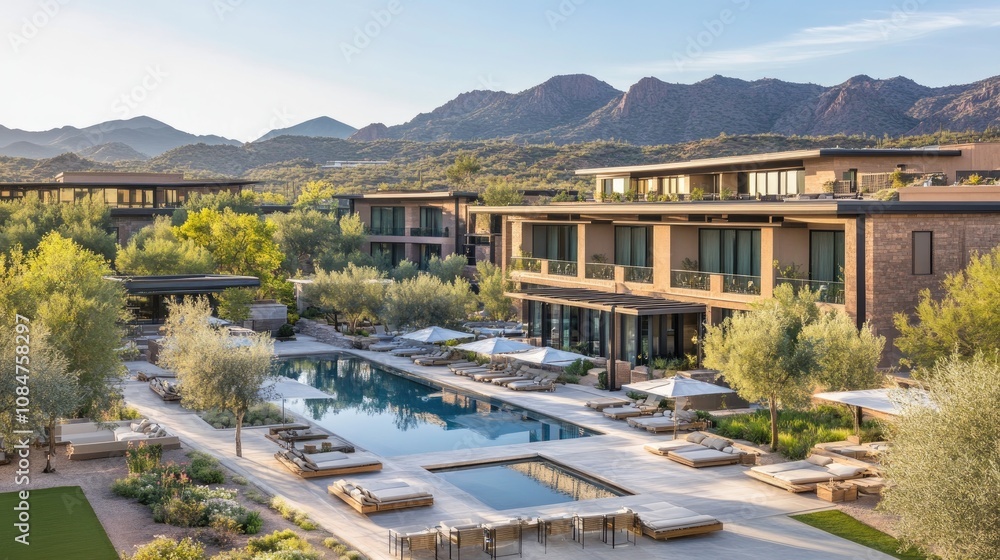 Fototapeta premium Luxurious Resort Poolside with Lounge Area Surrounded by Greenery and Majestic Mountains in Background, Perfect for a Relaxing Getaway and Leisure Activities