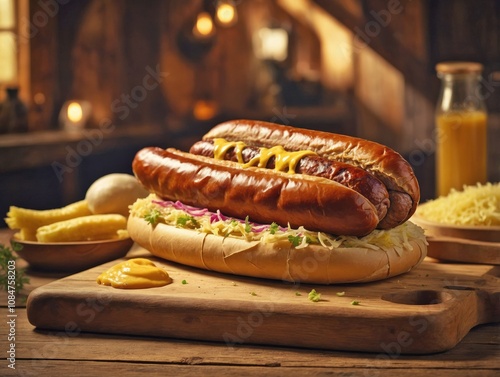 A bratwurst placed on a rustic wooden board photo