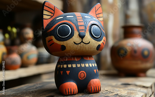 Orange Cat Monster Wooden Toy - Kachina Doll Style photo