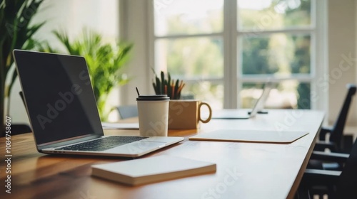 Wallpaper Mural Modern Workspace with Laptop, Plants, and Coffee Cup in Bright, Airy Office Interior Suitable for Productivity and Remote Work Featuring Clean Design Elements Torontodigital.ca