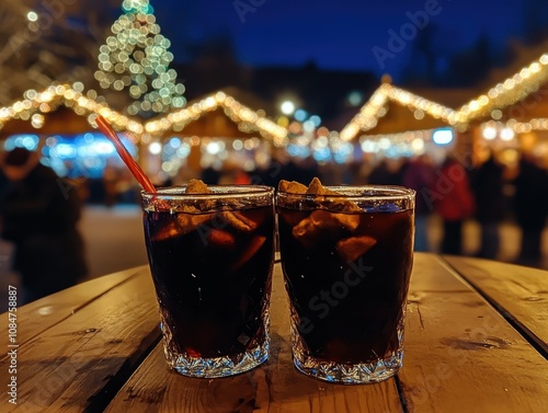 Two glasses of hot mulled spicy wine with cookies at a Christmas market illuminated at night in december photo