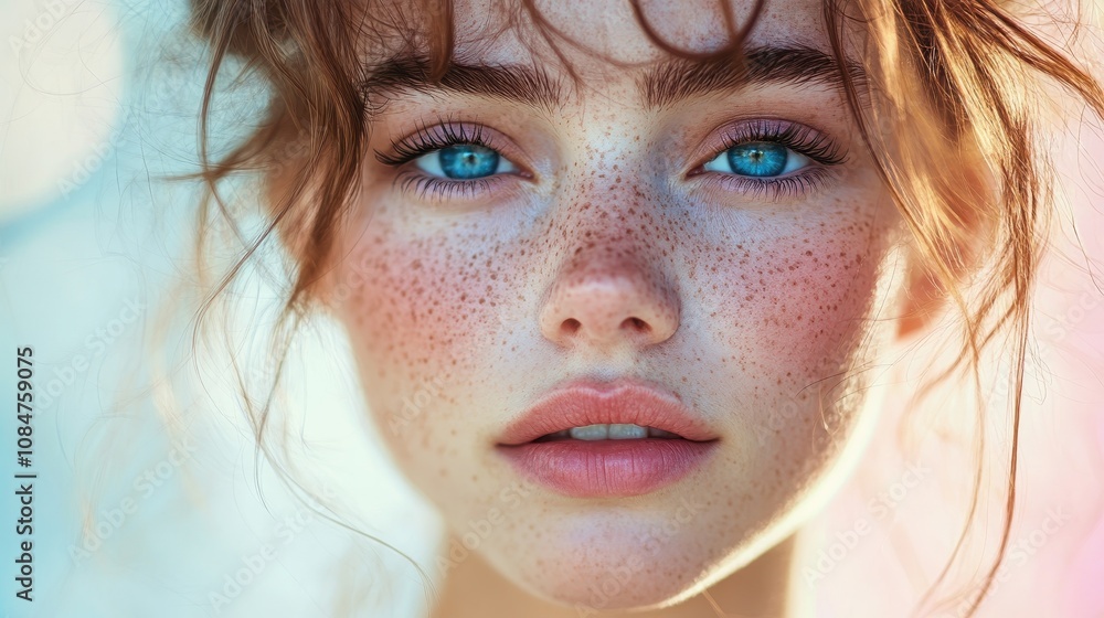 Generative AI illustration of close-up of a young woman with freckles, tousled hair, and blue eyes against a pastel background Generative AI illustration of close-up of a young woman with freckles, tousled hair, and blue eyes against a pastel background