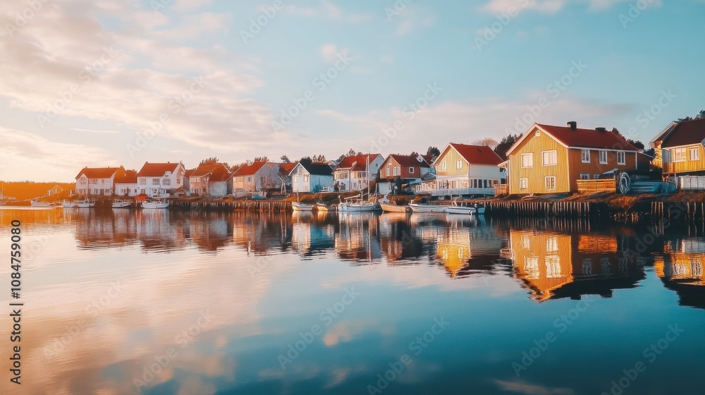 Obraz premium Serene Coastal Village at Sunrise Reflected in Calm Waters with Colorful Houses and Boats Amidst a Beautiful Sky Overlooking Tranquil Harbor