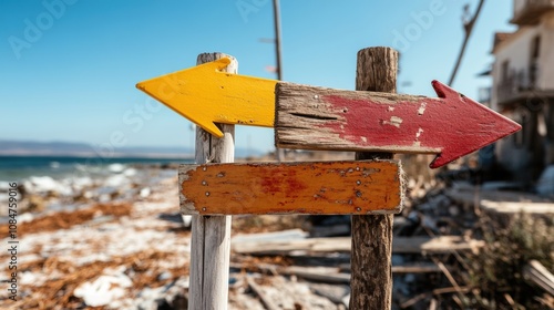 Colorful wooden signpost on beach path leading to ocean under blue sky. photo