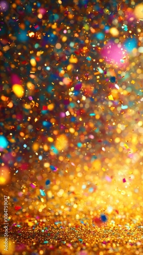 A festive and colorful party with flying neon confetti on a golden background