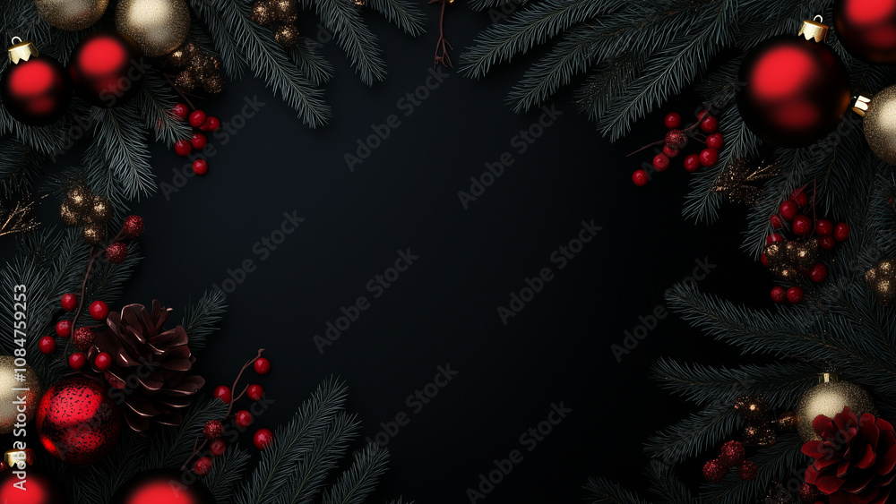 Elegant Christmas Background with Red and Gold Ornaments on a Pine Tree Elegant Christmas Background with Red and Gold Ornaments on a Pine Tree