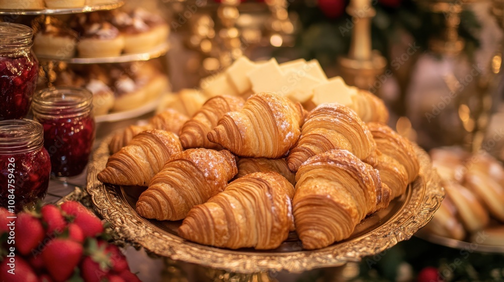 Exquisite Display of Freshly Baked Croissants on a Decorative Gold Platter Among Strawberries and Sweets in a Luxurious Setting Exquisite Display of Freshly Baked Croissants on a Decorative Gold Platter Among Strawberries and Sweets in a Luxurious Setting