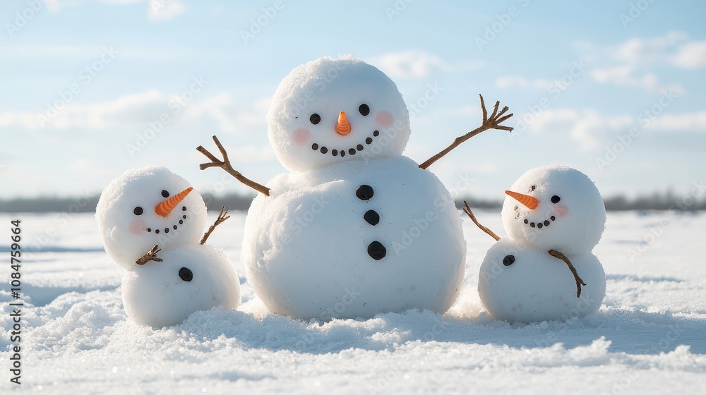Playful Snowmen Smiling in a Winter Landscape Under a Clear Blue Sky with Snow-Covered Ground Perfect for Holiday and Seasonal Themes Playful Snowmen Smiling in a Winter Landscape Under a Clear Blue Sky with Snow-Covered Ground Perfect for Holiday and Seasonal Themes