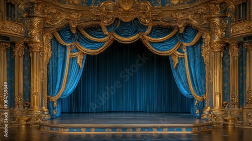 Lavishly Decorated Stage with Rich Blue Drapes and Ornate Golden Accents, Perfect for Theatrical Performances and Grand Presentations in Historical Venues