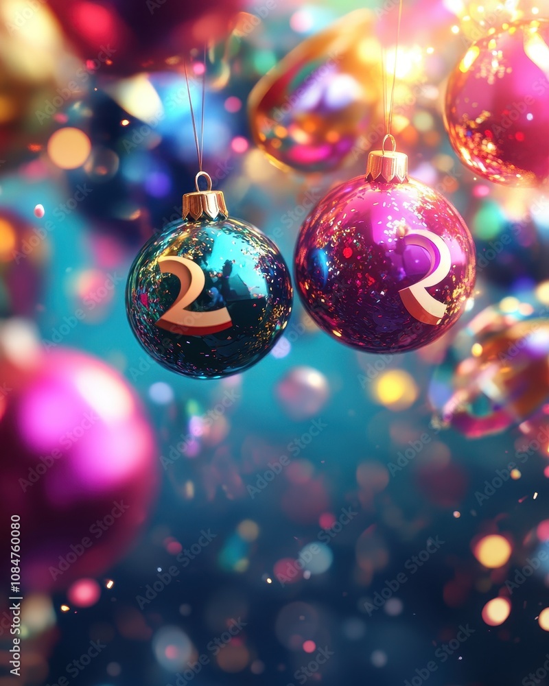 Fototapeta premium Joyful Happy New Year 2025 event with colorful decorations, sparkling lights, and happy faces as everyone welcomes 2025.