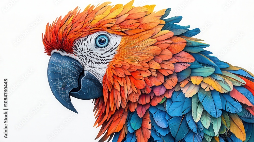 Obraz premium Vibrant illustration of a parrot with intricate feather details and a curved beak, set against a crisp white backdrop.